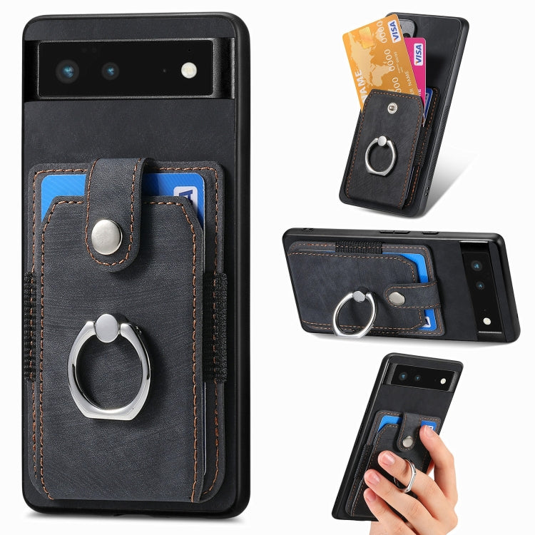 Retro cassa del telefono del raccoglitore della carta dell'anello di pelle-tatto, For Google Pixel 6 Pro, For Google Pixel 6, For Google Pixel 7 Pro, For Google Pixel 7