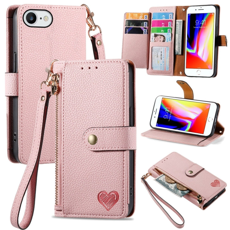 Custodia per telefono in pelle con cordino Love Zipper, For iPhone 7 / 8 / SE 2022, For iPhone 12 / 12 Pro, For iPhone X / XS, For iPhone 7 Plus / 8 Plus