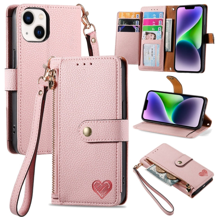 Custodia per telefono in pelle con cordino Love Zipper, For iPhone 15, For iPhone 14 Plus, For iPhone 14, For iPhone 14 Pro