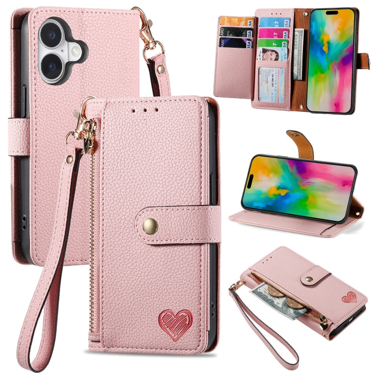 Custodia per telefono in pelle con cordino Love Zipper, For iPhone 16, For iPhone 15 Pro Max, For iPhone 15 Pro, For iPhone 15 Plus