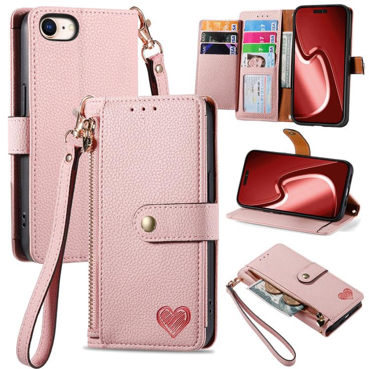 Custodia per telefono in pelle con cordino Love Zipper, For iPhone 16e, For iPhone 16 Pro Max, For iPhone 16 Pro, For iPhone 16 Plus