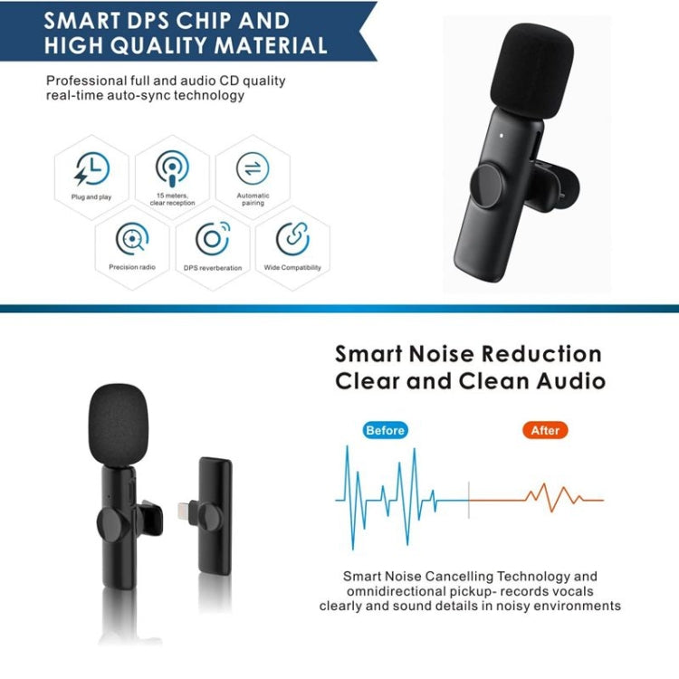 Mini microfono Bluetooth Microfono wireless lavalier con riduzione del rumore per iPhone / iPad, con ricevitore a 8 pin, Single Microphone, Dual Microphones