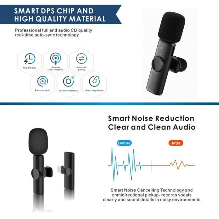 Microfono da bavero lavalier wireless per telefono e computer Android con ricevitore USB-C / Type-C, One by One, One by Two