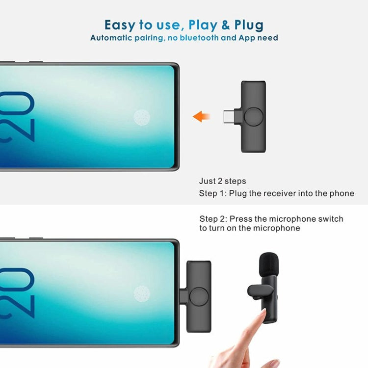 Microfono da bavero lavalier wireless per telefono e computer Android con ricevitore USB-C / Type-C, One by One, One by Two