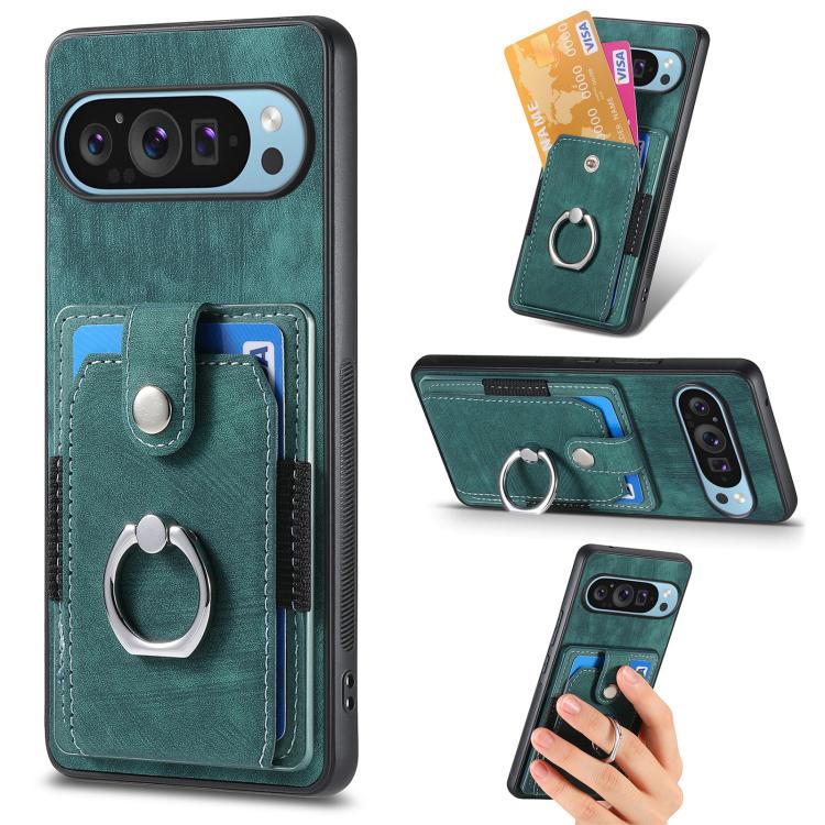 Retro cassa del telefono del raccoglitore della carta dell'anello di pelle-tatto, For Google Pixel 10 Pro XL, For Google Pixel 9a, For Google Pixel 9 Pro XL, For Google Pixel 7a