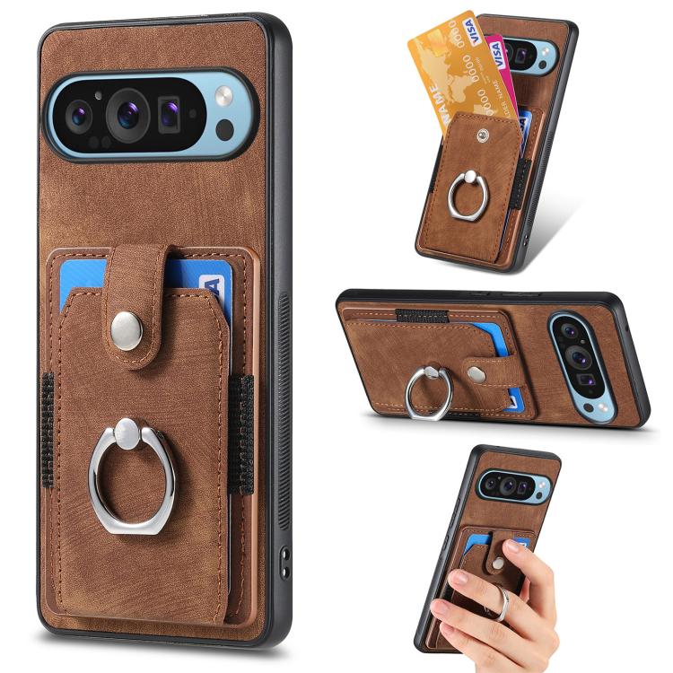 Retro cassa del telefono del raccoglitore della carta dell'anello di pelle-tatto, For Google Pixel 10 Pro XL, For Google Pixel 9a, For Google Pixel 9 Pro XL, For Google Pixel 7a