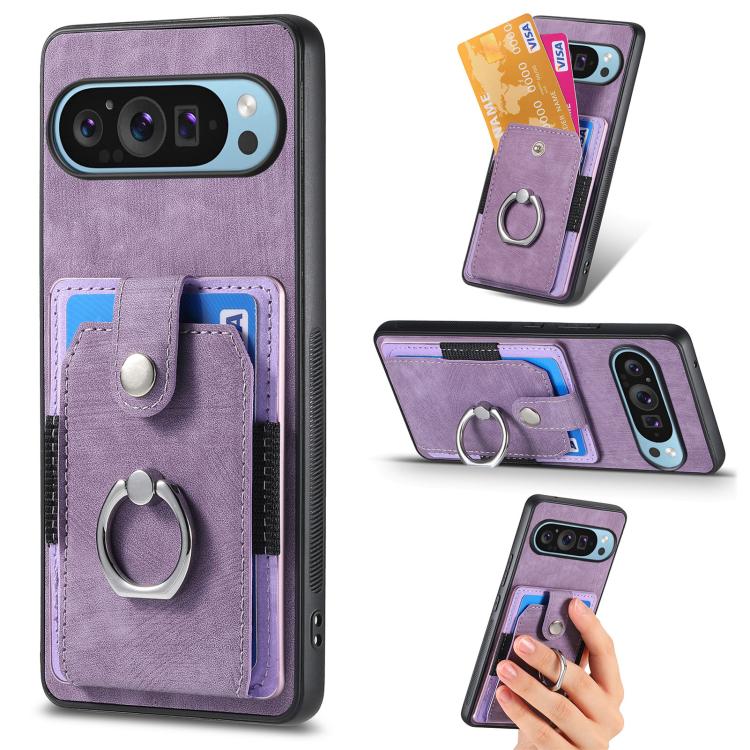 Retro cassa del telefono del raccoglitore della carta dell'anello di pelle-tatto, For Google Pixel 10 Pro XL, For Google Pixel 9a, For Google Pixel 9 Pro XL, For Google Pixel 7a