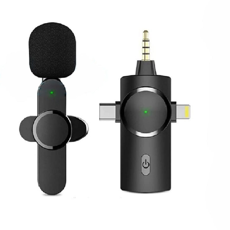 Microfono wireless Lavalier 3 in 1 con riduzione del rumore per iPhone/iPad/Android/fotocamera, One by One, One by Two