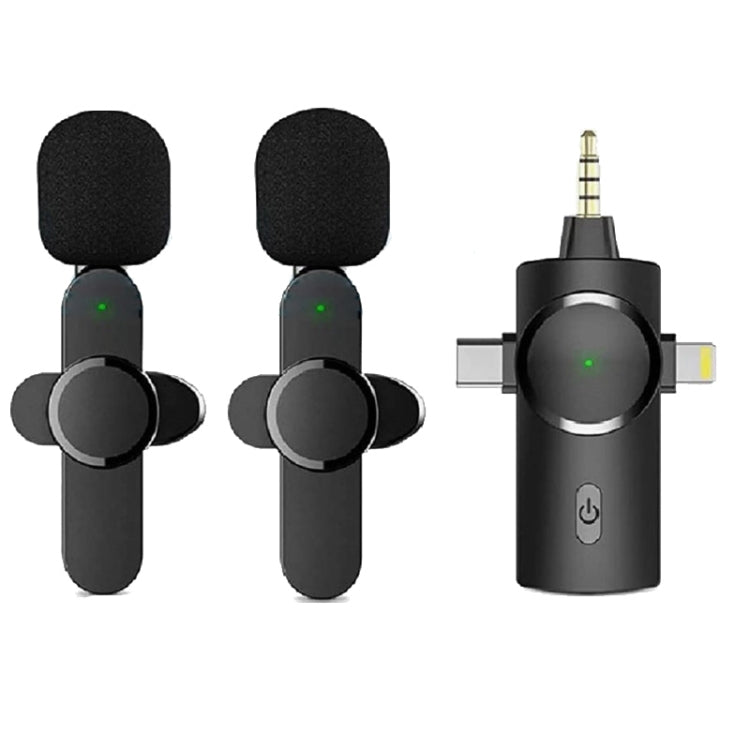 Microfono wireless Lavalier 3 in 1 con riduzione del rumore per iPhone/iPad/Android/fotocamera, One by One, One by Two