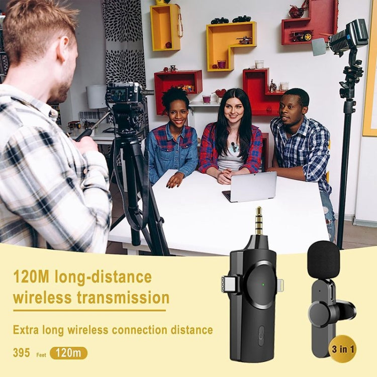 Microfono wireless Lavalier 3 in 1 con riduzione del rumore per iPhone/iPad/Android/fotocamera, One by One, One by Two