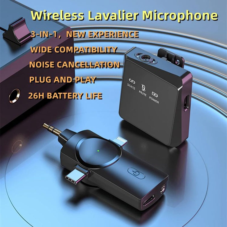 Mini microfono lavalier wireless 3 in 1 per fotocamera iPhone / iPad / Android / PC, One by One, One by Two