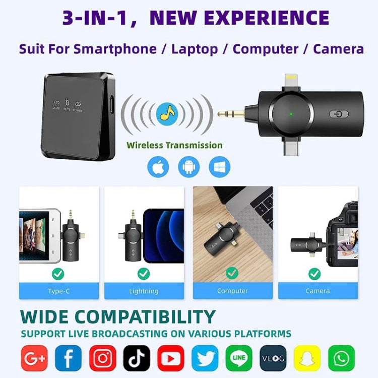 Mini microfono lavalier wireless 3 in 1 per fotocamera iPhone / iPad / Android / PC, One by One, One by Two