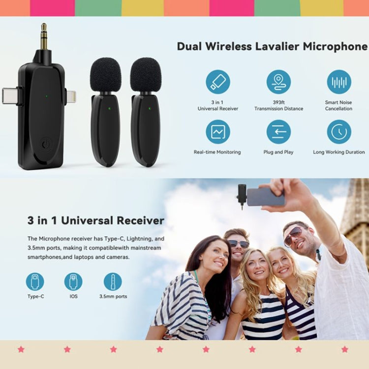 Mini microfoni lavalier wireless 3 in 1 per iPhone/Android/fotocamera con funzione di riduzione del rumore, One by Two