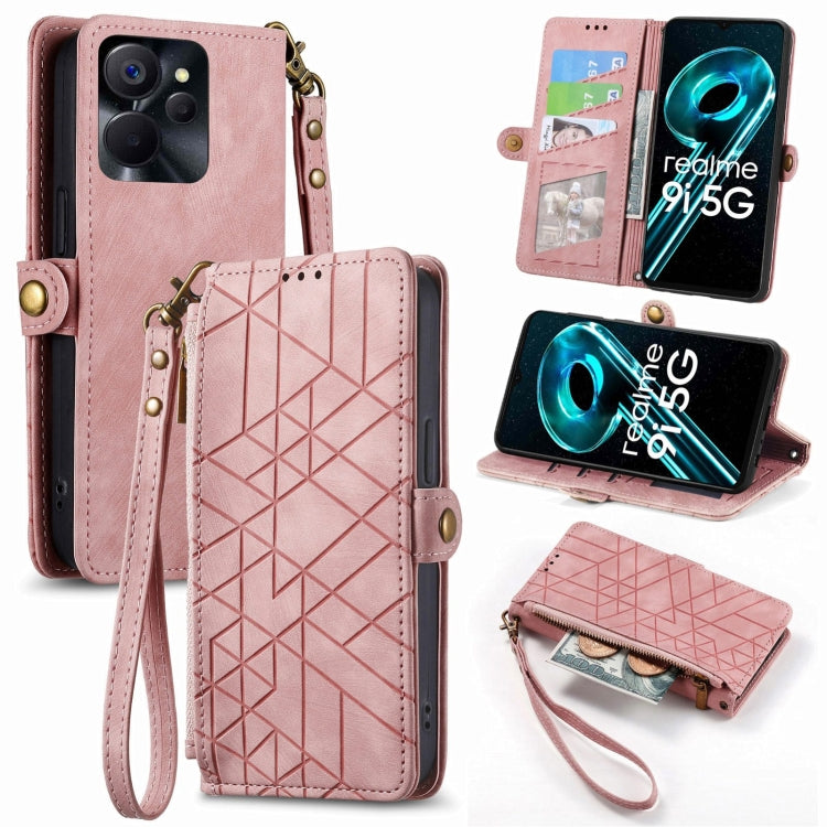 Portafoglio con cerniera geometrica Portafoglio in pelle con fibbia laterale, For Realme 9i 5G, For Realme C30, For Realme C31, For Realme C35