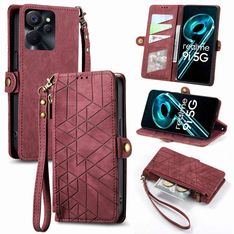Portafoglio con cerniera geometrica Portafoglio in pelle con fibbia laterale, For Realme 9i 5G, For Realme C30, For Realme C31, For Realme C35