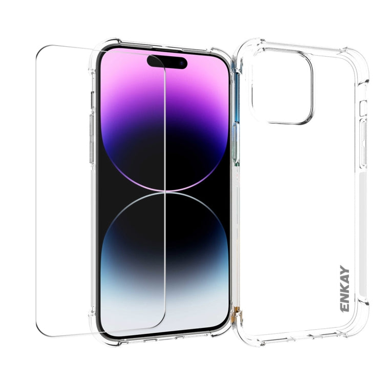 ENKAY Custodia per telefono antiurto in TPU trasparente con pellicola in vetro, For iPhone 14 Plus, For iPhone 15 Pro Max, For iPhone 14, For iPhone 15 Pro, For iPhone 14 Pro, For iPhone 15 Plus, For iPhone 14 Pro Max, For iPhone 15