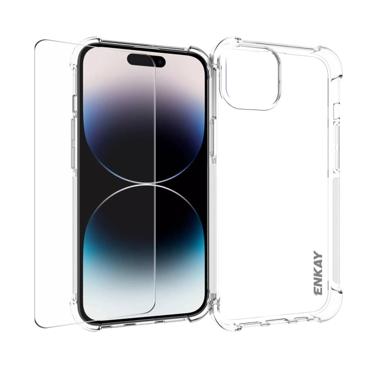 ENKAY Custodia per telefono antiurto in TPU trasparente con pellicola in vetro, For iPhone 14 Plus, For iPhone 15 Pro Max, For iPhone 14, For iPhone 15 Pro, For iPhone 14 Pro, For iPhone 15 Plus, For iPhone 14 Pro Max, For iPhone 15