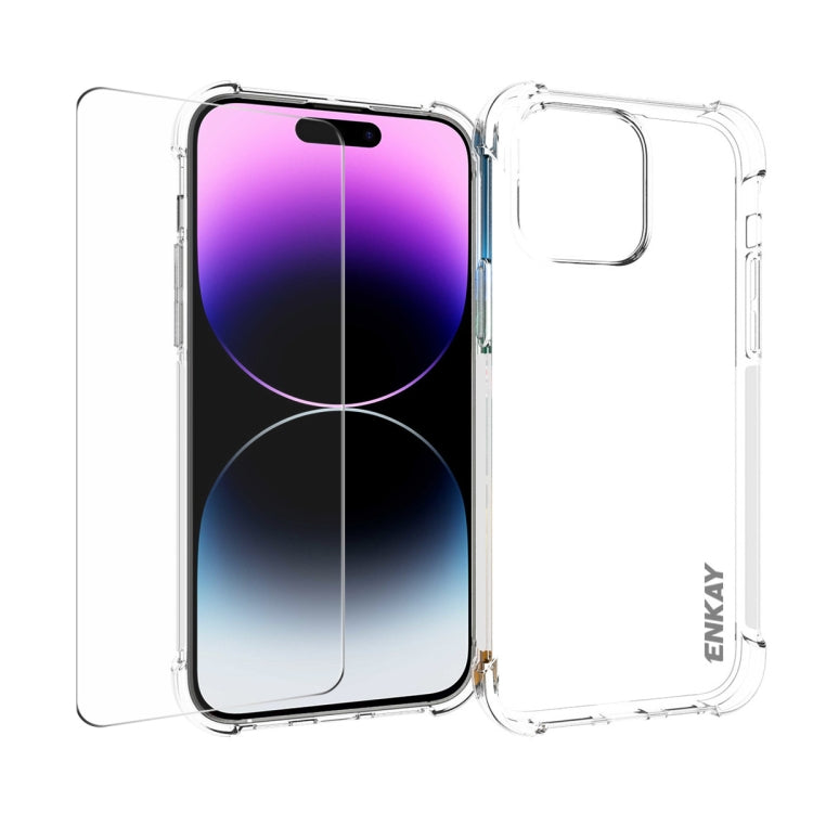ENKAY Custodia per telefono antiurto in TPU trasparente con pellicola in vetro, For iPhone 14 Plus, For iPhone 15 Pro Max, For iPhone 14, For iPhone 15 Pro, For iPhone 14 Pro, For iPhone 15 Plus, For iPhone 14 Pro Max, For iPhone 15