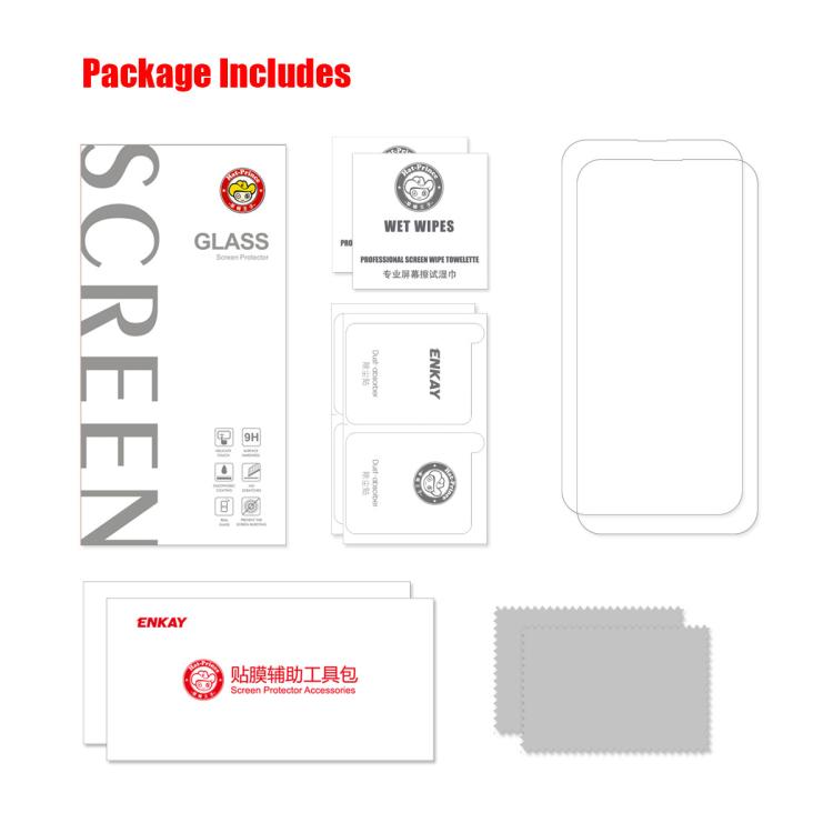 2 pezzi ENKAY 0.26mm 9H 2.5D Pellicola in vetro temperato ad alta alluminio-silicio, For iPhone 17e / 16e, For iPhone 16 Pro Max, For iPhone 16 Pro, For iPhone 16 Plus, For iPhone 16, For iPhone 15 Pro Max, For iPhone 15 Pro, For iPhone 15 Plus        ...