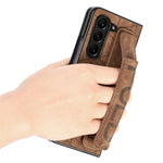 JUNSUNMAY Custodia per telefono pieghevole in pelle con motivo retrò in pelle per PC con slot per penna, For Samsung Galaxy Z Fold6, For Samsung Galaxy Z Fold5