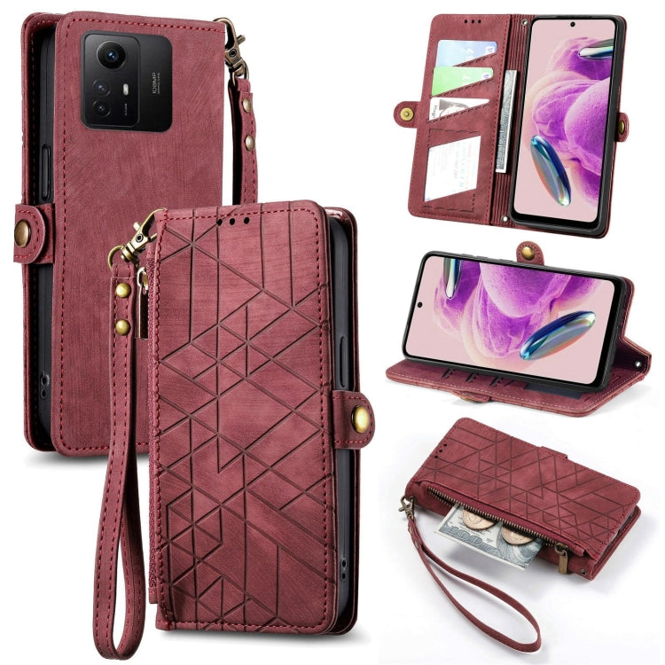 Portafoglio con cerniera geometrica Portafoglio in pelle con fibbia laterale, For Xiaomi Redmi 12, For Xiaomi Redmi Note 12S, For Xiaomi Redmi Note 12 4G, For Redmi Note 12 Turbo