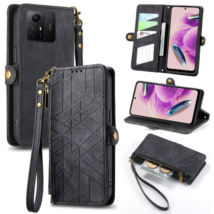Portafoglio con cerniera geometrica Portafoglio in pelle con fibbia laterale, For Xiaomi Redmi 12, For Xiaomi Redmi Note 12S, For Xiaomi Redmi Note 12 4G, For Redmi Note 12 Turbo