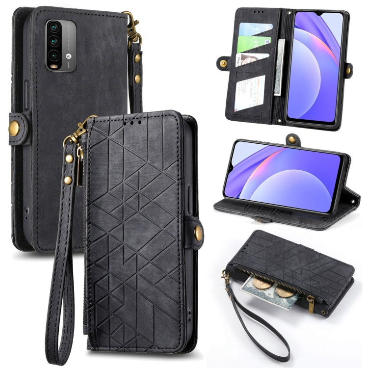 Portafoglio con cerniera geometrica Portafoglio in pelle con fibbia laterale, For Xiaomi Redmi K40, For Xiaomi Redmi Note 9 4G, For Xiaomi Redmi 9A, For Xiaomi Redmi 9