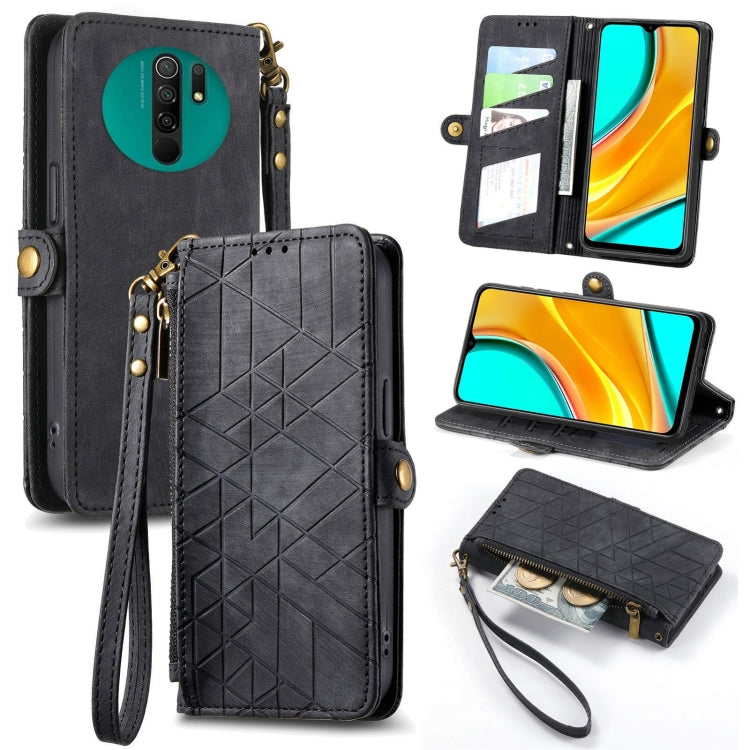 Portafoglio con cerniera geometrica Portafoglio in pelle con fibbia laterale, For Xiaomi Redmi K40, For Xiaomi Redmi Note 9 4G, For Xiaomi Redmi 9A, For Xiaomi Redmi 9