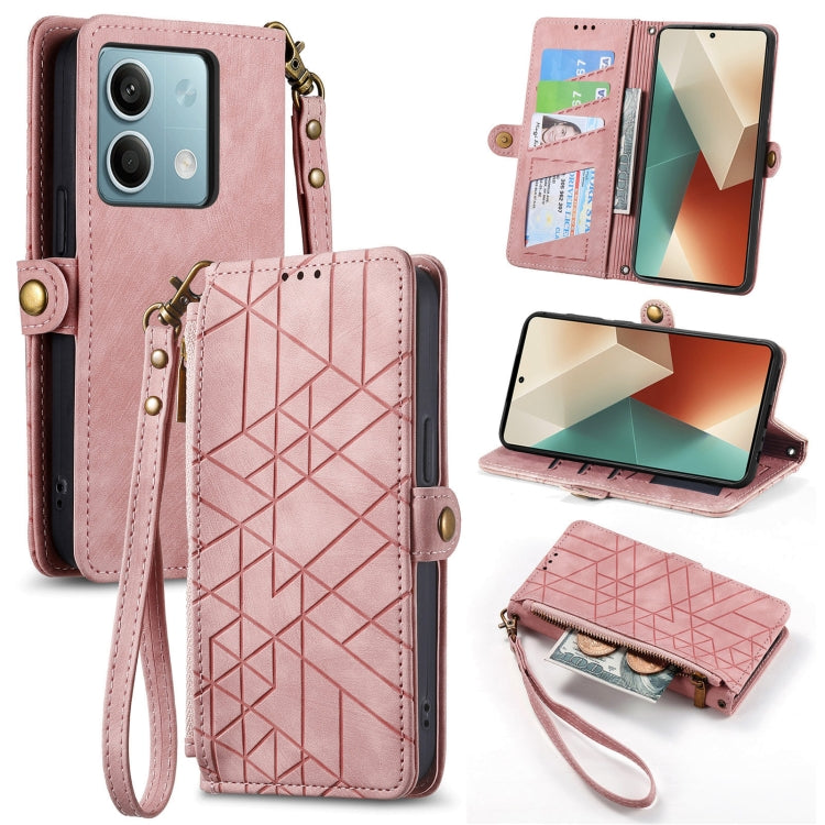 Portafoglio con cerniera geometrica Portafoglio in pelle con fibbia laterale, For Redmi Note 13 Pro 4G, For Redmi Note 13 4G, For Redmi Note 13 5G Global, For Redmi Note 13 Pro 5G Global
