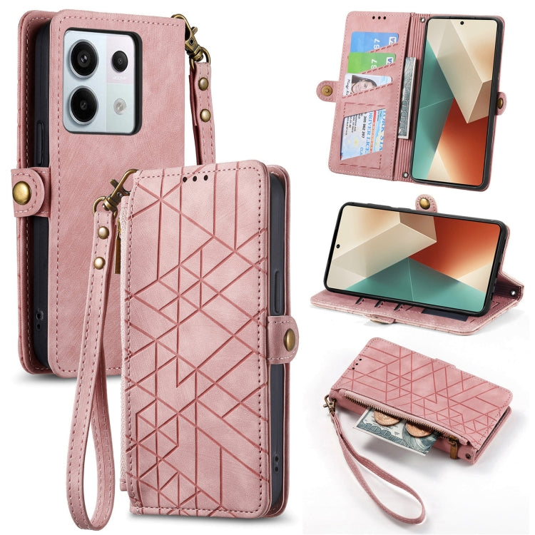Portafoglio con cerniera geometrica Portafoglio in pelle con fibbia laterale, For Redmi Note 13 Pro 4G, For Redmi Note 13 4G, For Redmi Note 13 5G Global, For Redmi Note 13 Pro 5G Global
