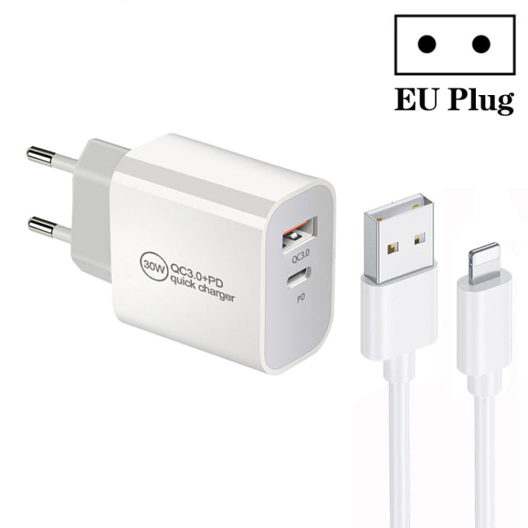 Caricatore a doppia porta USB PD30W USB-C / Type-C + QC3.0 con cavo dati da USB a 8 pin da 1 m, EU Plug, US Plug, AU Plug