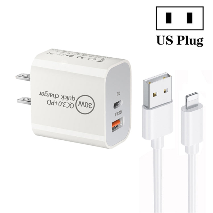 Caricatore a doppia porta USB PD30W USB-C / Type-C + QC3.0 con cavo dati da USB a 8 pin da 1 m, EU Plug, US Plug, AU Plug