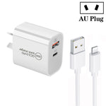 Caricatore a doppia porta USB PD30W USB-C / Type-C + QC3.0 con cavo dati da USB a 8 pin da 1 m, EU Plug, US Plug, AU Plug