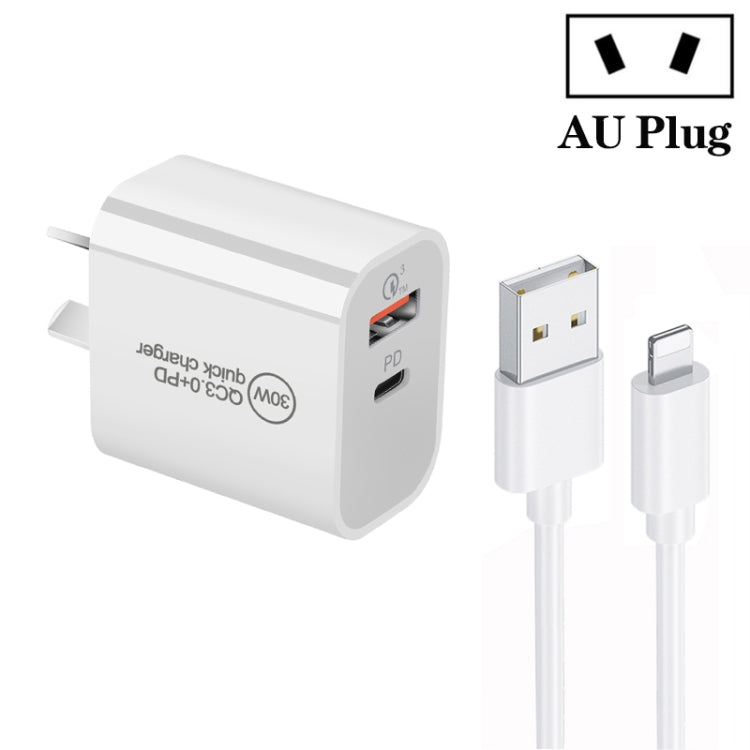 Caricatore a doppia porta USB PD30W USB-C / Type-C + QC3.0 con cavo dati da USB a 8 pin da 1 m, EU Plug, US Plug, AU Plug