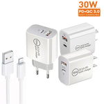 Caricatore a doppia porta USB PD30W USB-C / Type-C + QC3.0 con cavo dati da USB a 8 pin da 1 m, EU Plug, US Plug, AU Plug