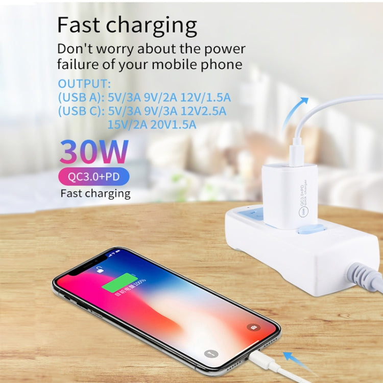 Caricatore a doppia porta USB PD30W USB-C / Type-C + QC3.0 con cavo dati da USB a 8 pin da 1 m, EU Plug, US Plug, AU Plug