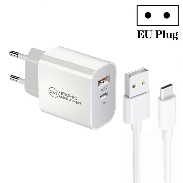 Caricabatterie a doppia porta USB PD30W USB-C / Type-C + QC3.0 con cavo dati da USB a Type-C da 1 m, EU Plug, US Plug, AU Plug