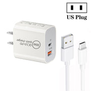 Caricabatterie a doppia porta USB PD30W USB-C / Type-C + QC3.0 con cavo dati da USB a Type-C da 1 m, EU Plug, US Plug, AU Plug