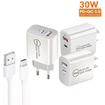 Caricabatterie doppia porta USB PD30W USB-C + QC3.0 con cavo 1 m