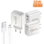 Caricabatterie a doppia porta USB PD30W USB-C / Type-C + QC3.0 con cavo dati da USB a Type-C da 1 m, EU Plug, US Plug, AU Plug