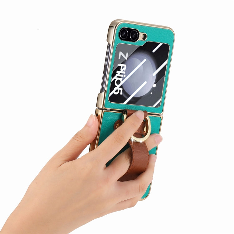 Custodia per telefono ad anello integrata con schermo posteriore in PC con placcatura brillante, For Samsung Galaxy Z Flip5 5G