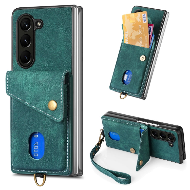 Custodia per telefono in pelle pieghevole con portafoglio per carte retrò con cinturino, For Samsung Galaxy Z Fold6 5G, For Samsung Galaxy Z Fold5 5G