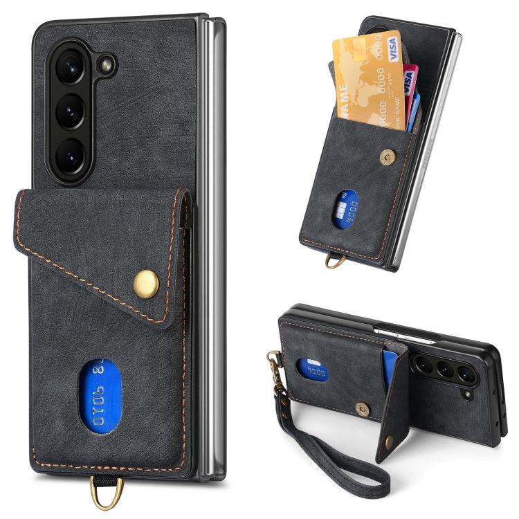 Custodia per telefono in pelle pieghevole con portafoglio per carte retrò con cinturino, For Samsung Galaxy Z Fold6 5G, For Samsung Galaxy Z Fold5 5G