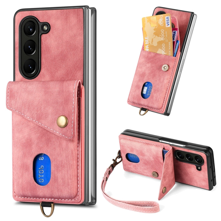 Custodia per telefono in pelle pieghevole con portafoglio per carte retrò con cinturino, For Samsung Galaxy Z Fold6 5G, For Samsung Galaxy Z Fold5 5G