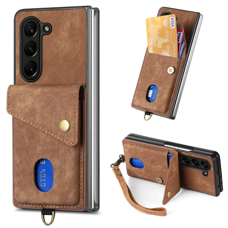 Custodia per telefono in pelle pieghevole con portafoglio per carte retrò con cinturino, For Samsung Galaxy Z Fold6 5G, For Samsung Galaxy Z Fold5 5G