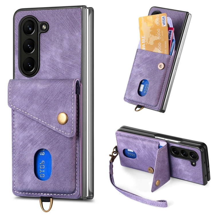 Custodia per telefono in pelle pieghevole con portafoglio per carte retrò con cinturino, For Samsung Galaxy Z Fold6 5G, For Samsung Galaxy Z Fold5 5G