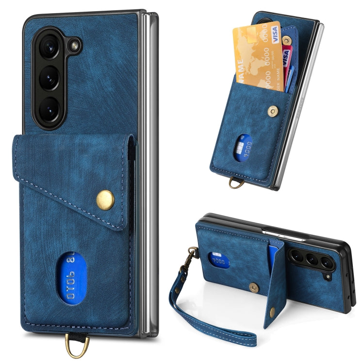 Custodia per telefono in pelle pieghevole con portafoglio per carte retrò con cinturino, For Samsung Galaxy Z Fold6 5G, For Samsung Galaxy Z Fold5 5G