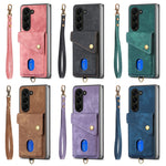 Custodia per telefono in pelle pieghevole con portafoglio per carte retrò con cinturino, For Samsung Galaxy Z Fold6 5G, For Samsung Galaxy Z Fold5 5G