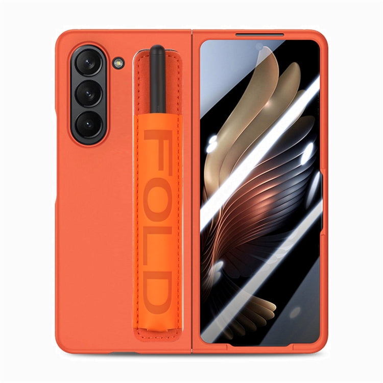 Custodia per telefono in pelle con impugnatura da polso in pellicola integrata con slot per penna, For Samsung   Galaxy Z Fold5 5G
