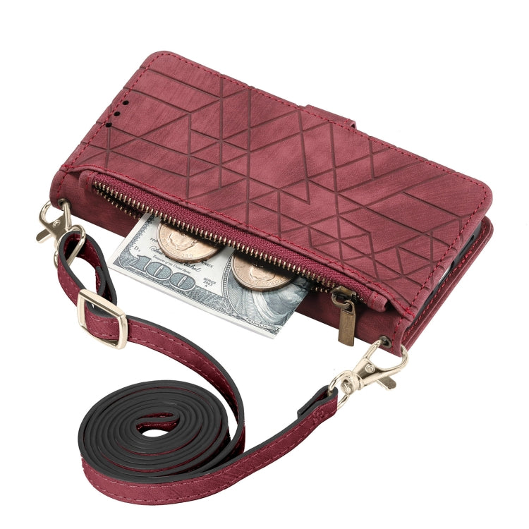 Custodia per telefono in pelle con fibbia laterale a portafoglio con cerniera geometrica e cordino a tracolla, For iPhone 11 Pro